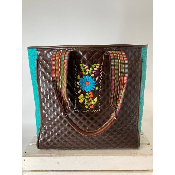 CONSUELA LARGE BROWN, TEAL QUILTED TOTE BAG WITH EMBOIDERY. - Picture 3 of 16
